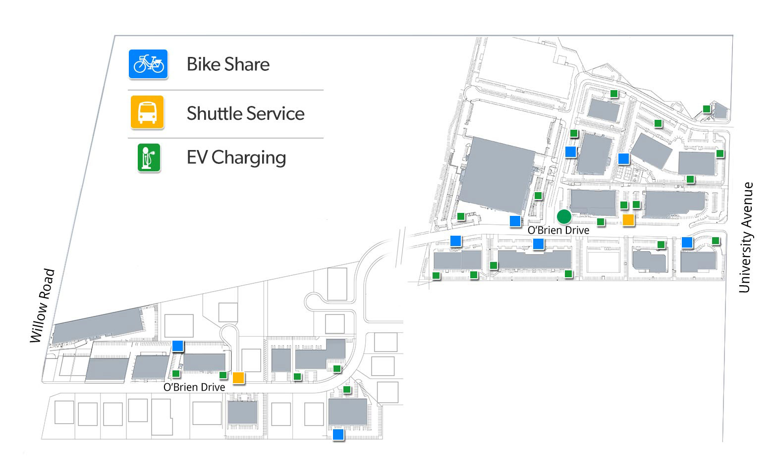 Bike Share, Shuttle, Car Share and EV Charging locations at Menlo Park Labs